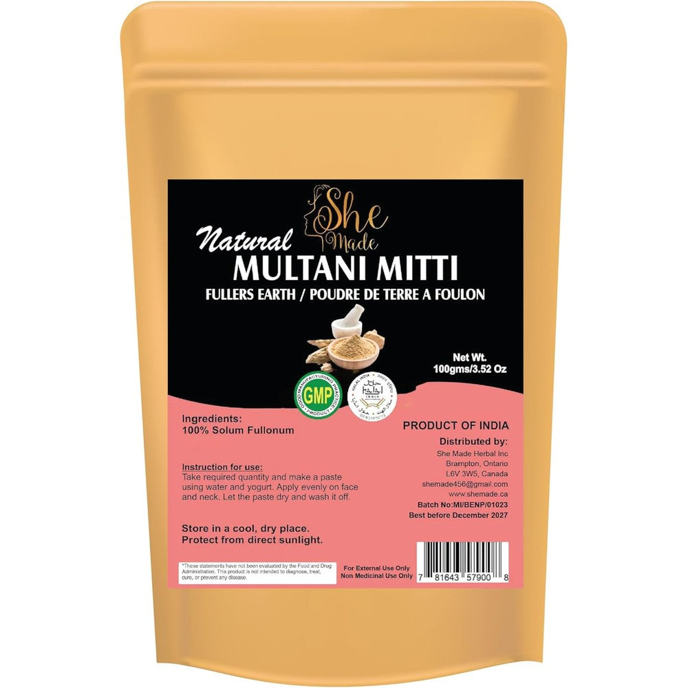 She Made Multani Mitti Powder front view pouch packaging natural clay face mask