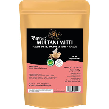 She Made Multani Mitti Powder front view pouch packaging natural clay face mask