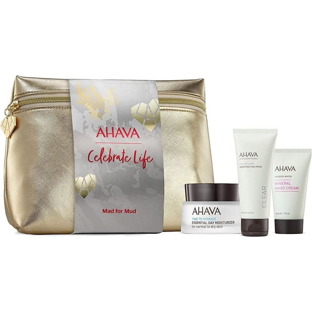 AHAVA Mad For Mud Gift Set front view showcasing the three product tubes and gold cosmetic pouch