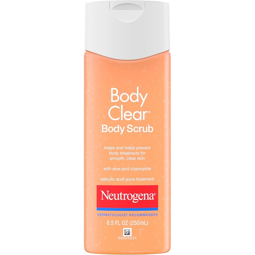 Neutrogena Body Clear Acne Body Scrub front view showing container size and salicylic acid details.