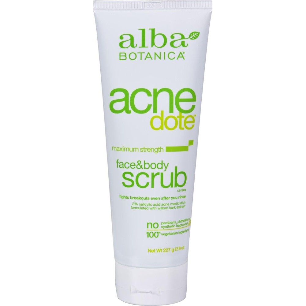 Alba Botanica Natural Acnedote Face and Body Scrub tube front view for acne treatment