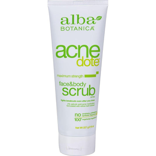 Alba Botanica Natural Acnedote Face and Body Scrub tube front view for acne treatment