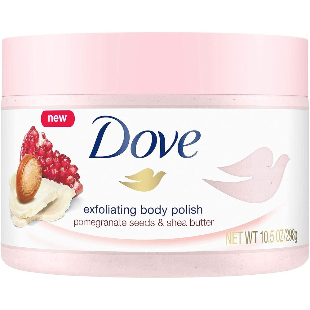 Dove Exfoliating Body Polish Pomegranate and Shea Butter front view of the 10.5 Ounce jar