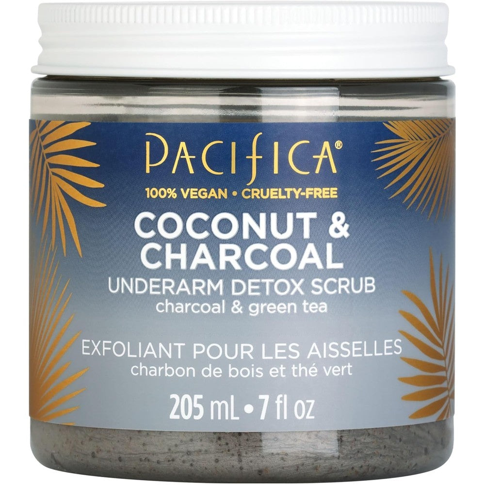 Pacifica Underarm Body Scrub front view jar of coconut charcoal armpit detox exfoliant