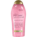 OGX Sensitive Rose Water And Pink Sea Salt Exfoliating Body Scrub front view bottle packaging