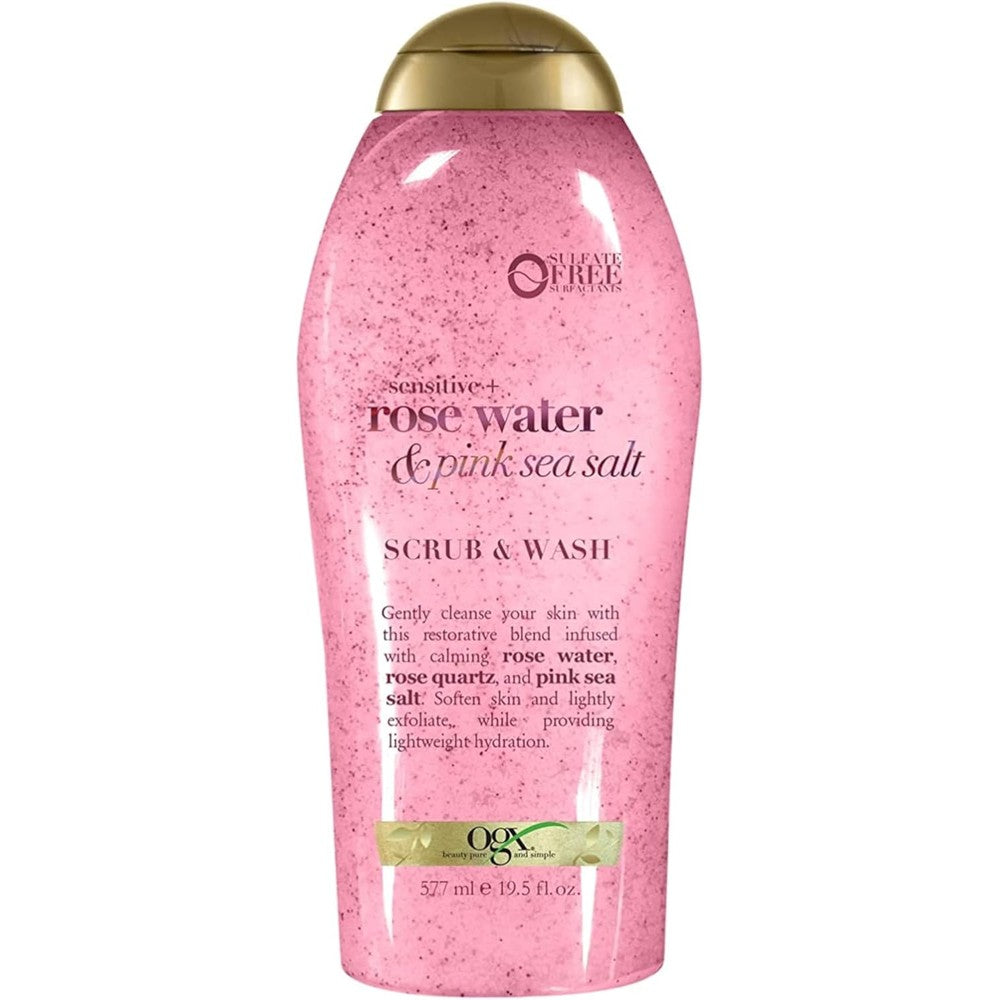 OGX Sensitive Rose Water and Pink Sea Salt Exfoliating Body Scrub front view bottle