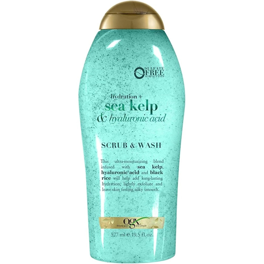 OGX Hydration Plus Sea Kelp and Hyaluronic Acid Body Scrub front bottle view for dry skin exfoliation.