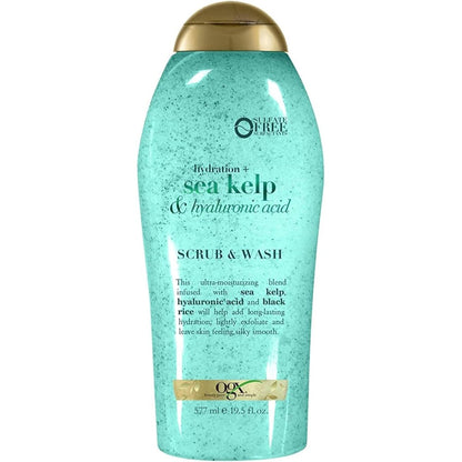 OGX Hydration Plus Sea Kelp and Hyaluronic Acid Body Scrub front bottle view for dry skin exfoliation.