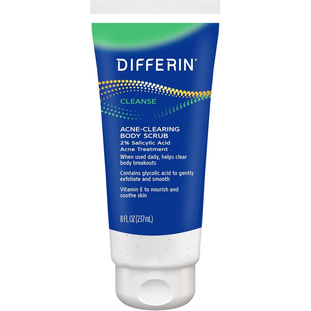 Differin Acne Clearing Body Scrub 8 Ounce front view package for treating body acne.