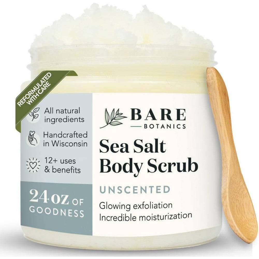 Bare Botanics Unscented Sea Salt Body Scrub front view showing the clean jar packaging and product label.