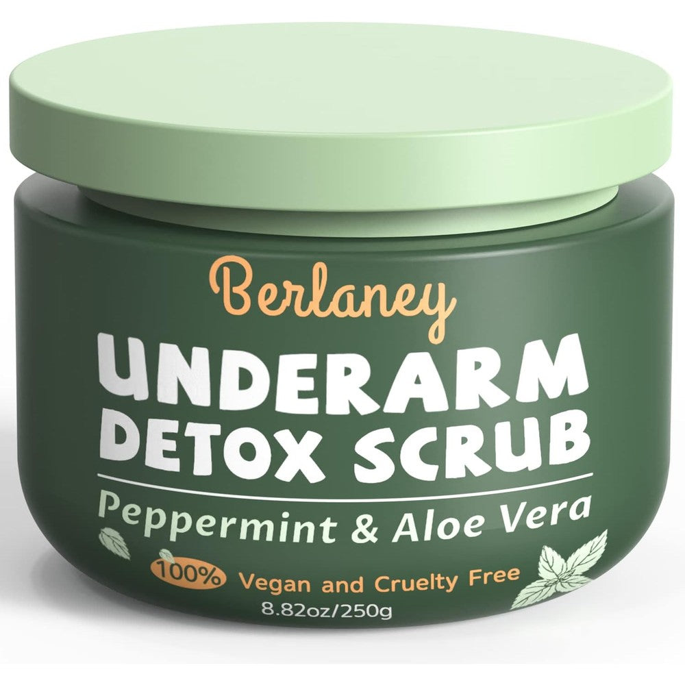 Berlaney Armpit Detox Scrub front view container showing peppermint and aloe vera ingredients for underarm exfoliation.