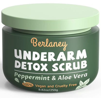 Berlaney Armpit Detox Scrub front view container showing peppermint and aloe vera ingredients for underarm exfoliation.