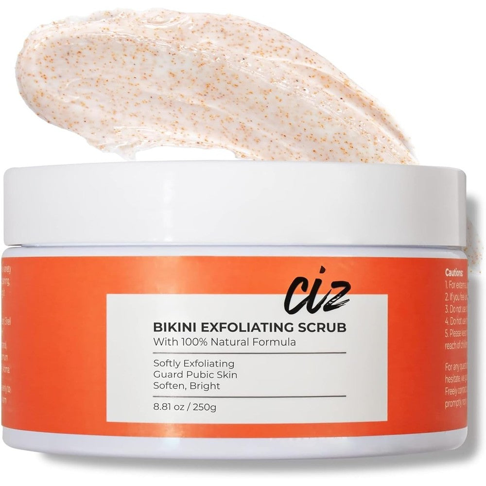 CIZ Bikini Area Exfoliator front view packaging jar for intimate skin smoothing