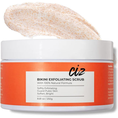 CIZ Bikini Area Exfoliator front view packaging jar for intimate skin smoothing