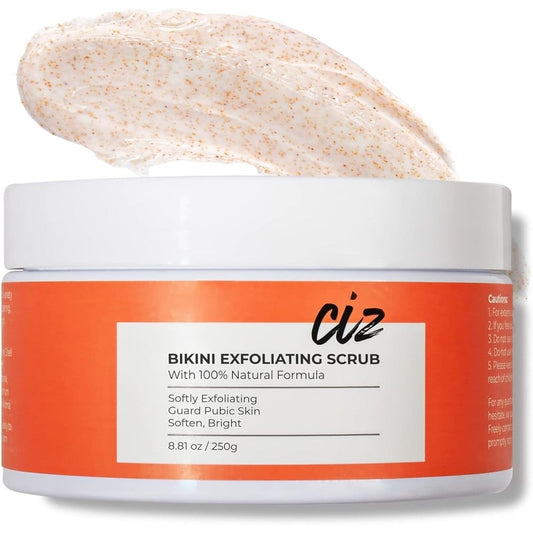 CIZ Bikini Area Exfoliator front view packaging jar for intimate skin smoothing