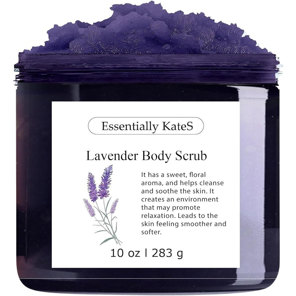 Essentially KateS Lavender Salt Body Scrub 10 Ounce front view packaging for natural skin exfoliation