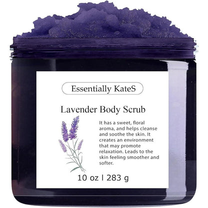 Essentially KateS Lavender Salt Body Scrub 10 Ounce front view packaging for natural skin exfoliation