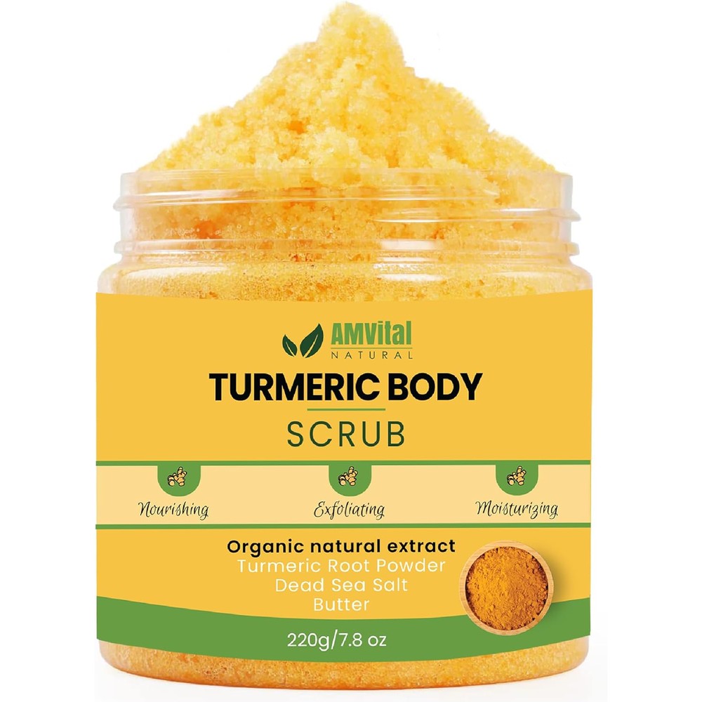 AMVital Turmeric Body Scrub front view of jar highlighting natural skincare exfoliator benefits.