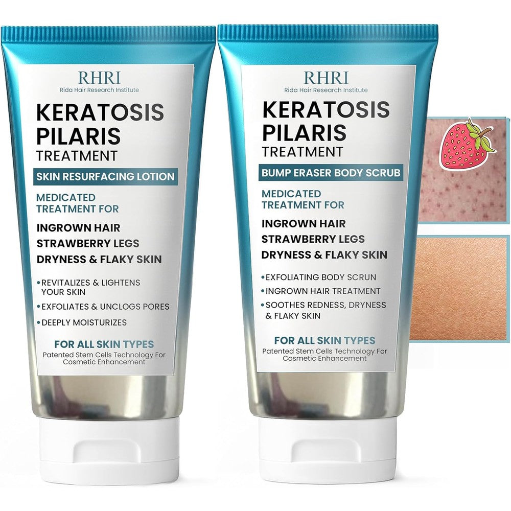 Rida Hair Research Institute KP Bump Eraser Body Set front view showing the exfoliating scrub and resurfacing lotion bottles.