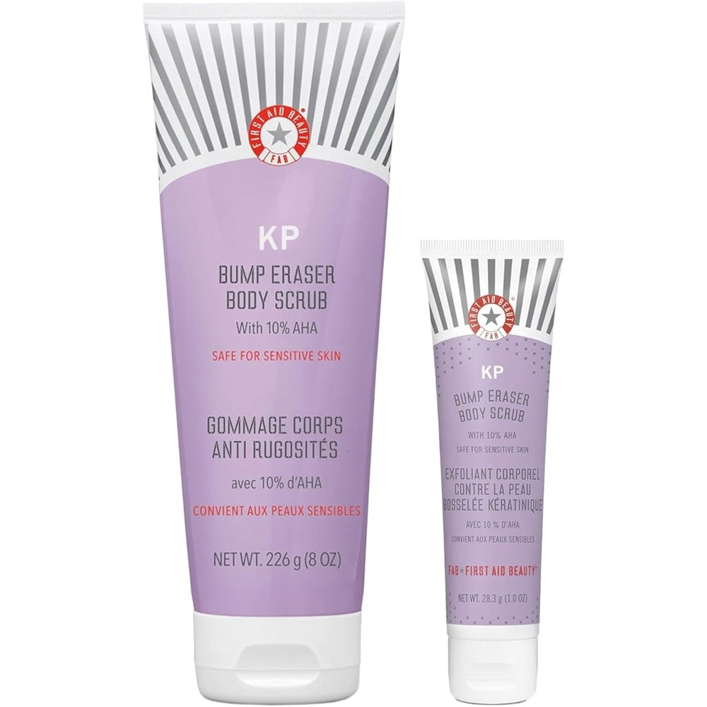 First Aid Beauty KP Bump Eraser Body Scrub front packaging view showing ten percent AHA formula details.
