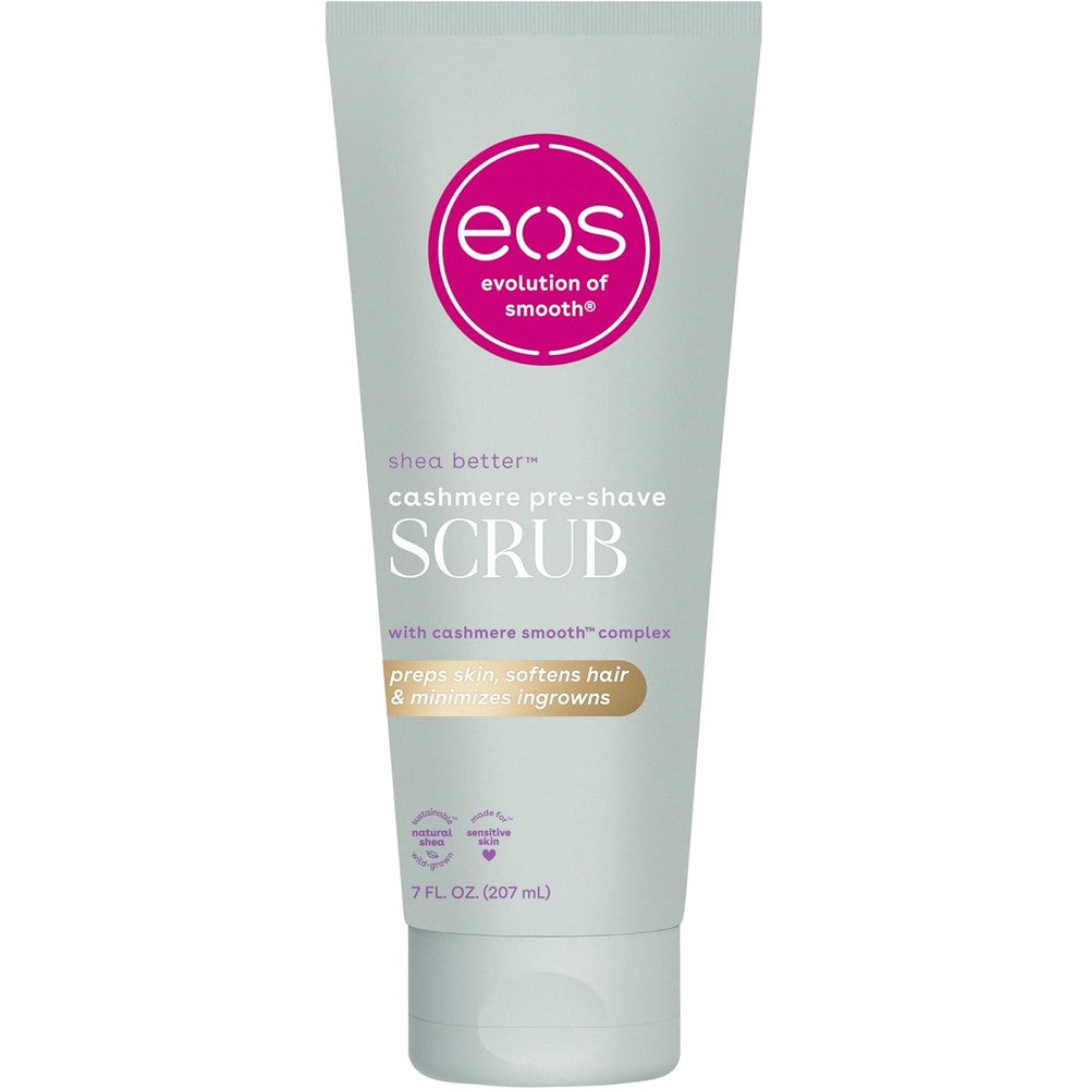 Eos Cashmere Skin Collection Vanilla Cashmere Pre-Shave Scrub front view bottle.
