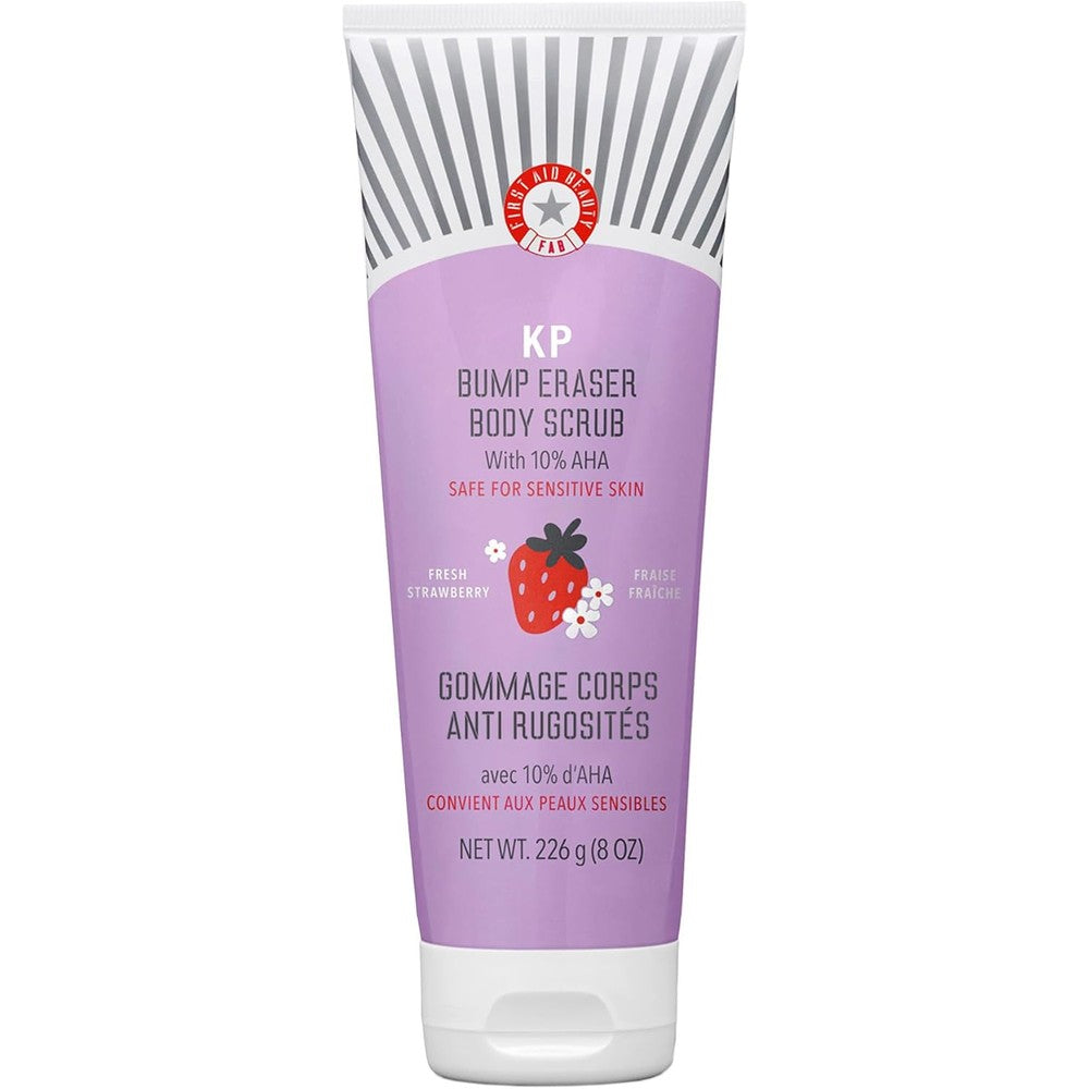 First Aid Beauty KP Bump Eraser Body Scrub strawberry scent eight ounce bottle front view
