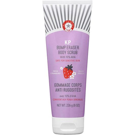 First Aid Beauty KP Bump Eraser Body Scrub strawberry scent eight ounce bottle front view