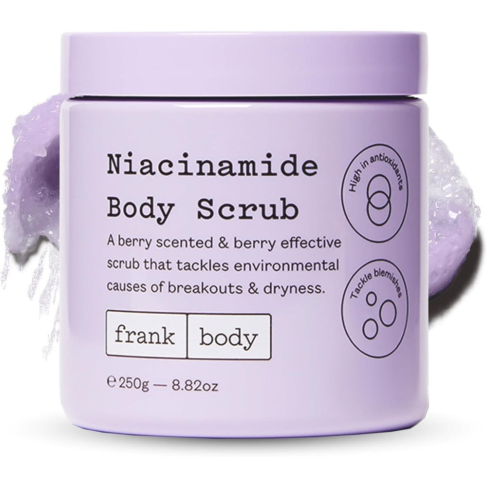 Frank Body Niacinamide Body Scrub front view jar on a clean background.