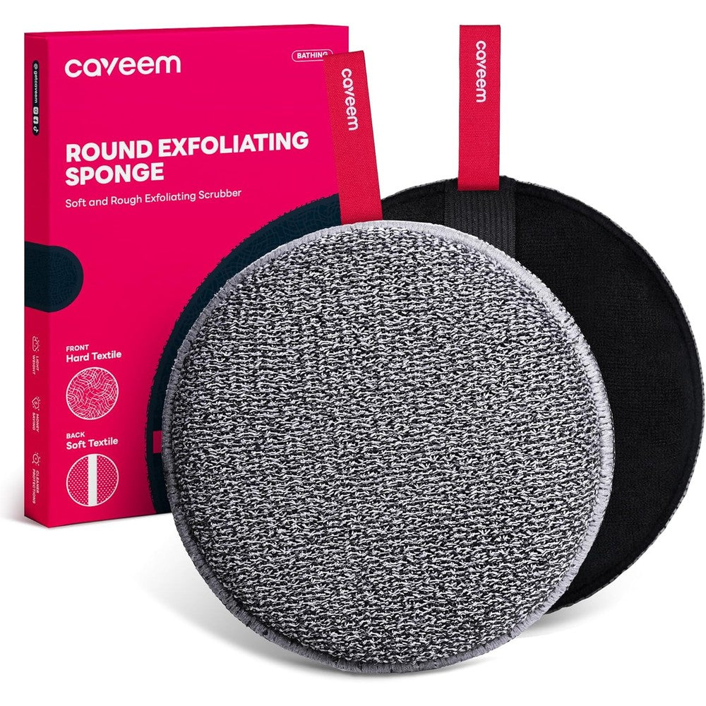Caveem Exfoliating Body Scrubber front view showing the dual texture mesh fabric for deep cleansing.