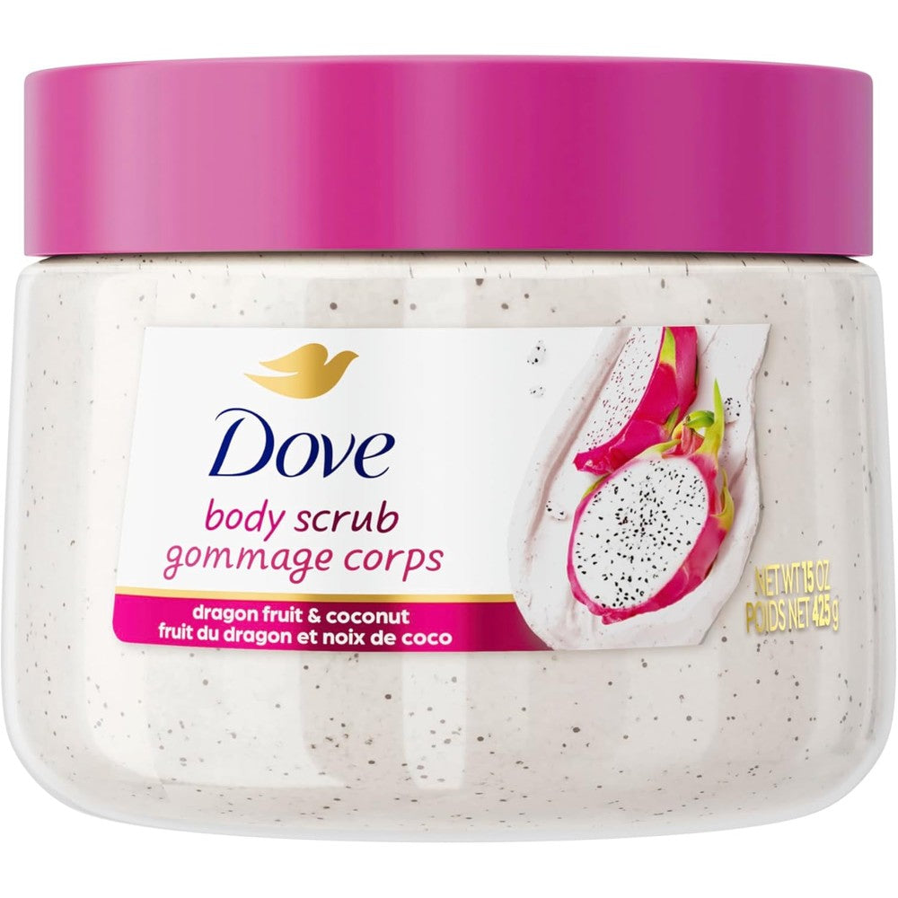 Dove Dragon Fruit and Coconut Cream Body Scrub 15 Ounce front view packaging