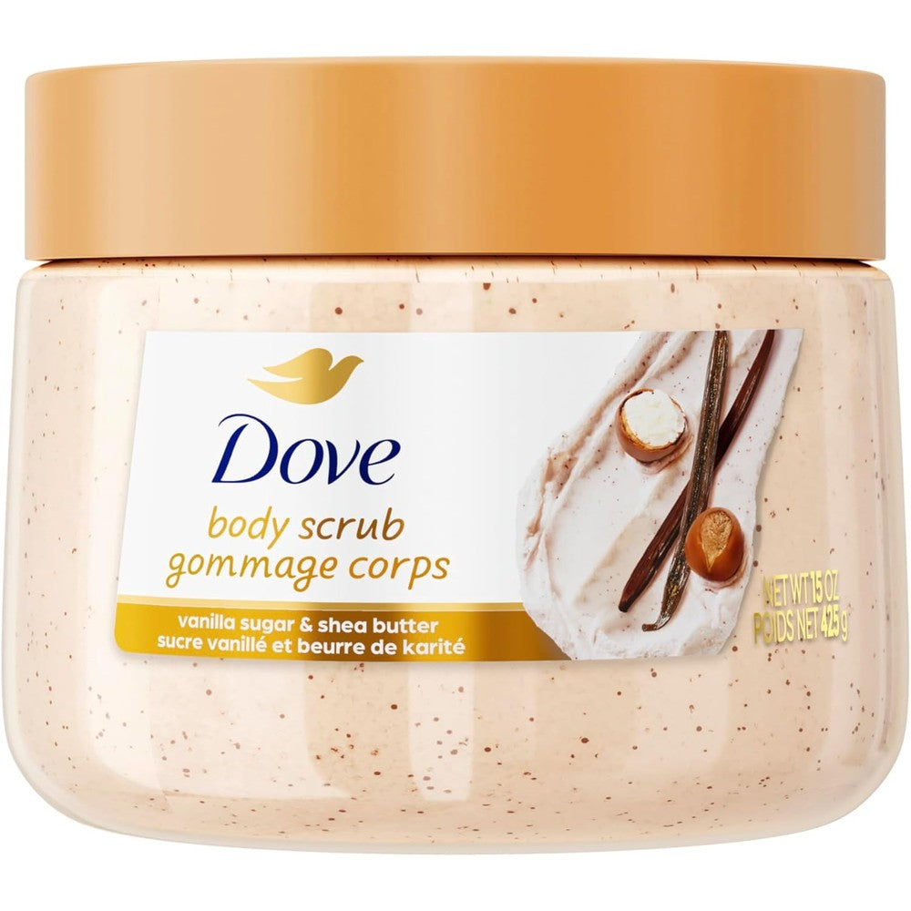 Dove Vanilla Sugar and Shea Butter Body Scrub front view for smooth skin.