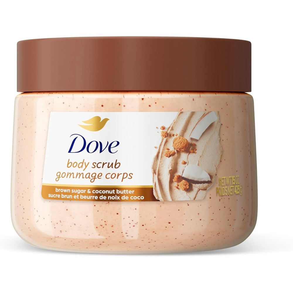 Dove Brown Sugar and Coconut Butter Body Scrub 15 Ounce front view container showcasing imported skincare branding.