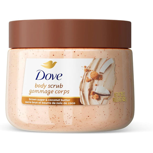 Dove Brown Sugar and Coconut Butter Body Scrub 15 Ounce front view container showcasing imported skincare branding.