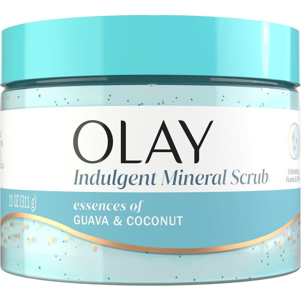 Olay Indulgent Mineral Body Scrub 11 Ounce front view bottle showing coconut and guava design.