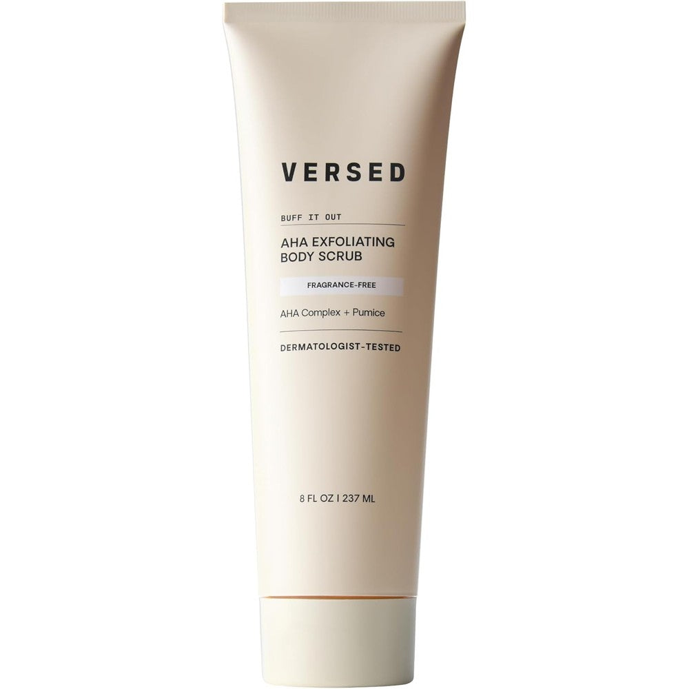 Versed Buff It Out AHA Exfoliating Body Scrub front view of tube packaging for smooth skin