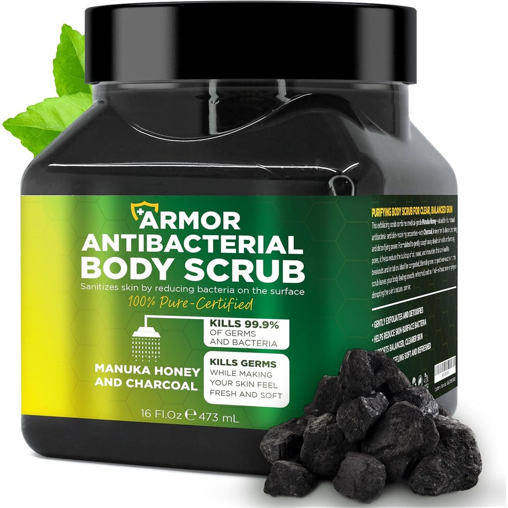 Terramed Just Think Comfort Antibacterial Body Scrub front view of the 16 fluid ounce jar