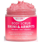 Ulluxe bikini area exfoliator front view showing the 7.76 ounce jar and packaging.