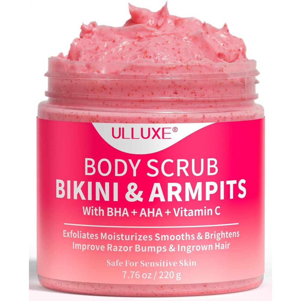 Ulluxe bikini area exfoliator front view packaging jar