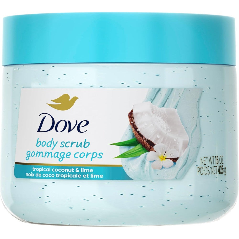 Dove Moisturizing Body Scrub Tropical Coconut and Lime 15 Ounce jar front view showing whipped exfoliator benefits.