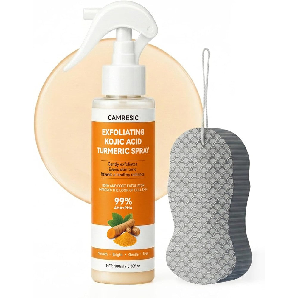 Eelhoe Keratin Care Kojic Acid Turmeric Exfoliating Body Spray front view bottle with soft sponge pack