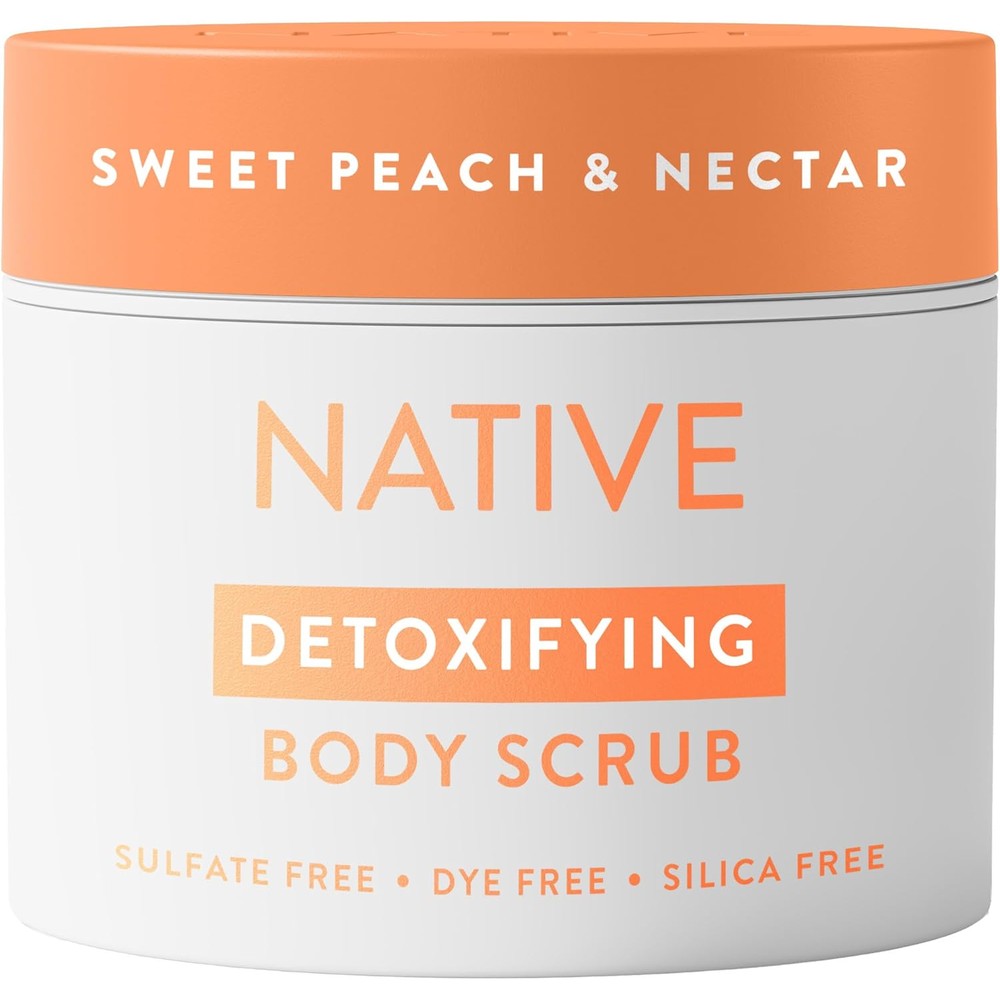 Native Sweet Peach And Nectar Exfoliating Body Scrub front view of the twelve ounce bottle with peach colored lid