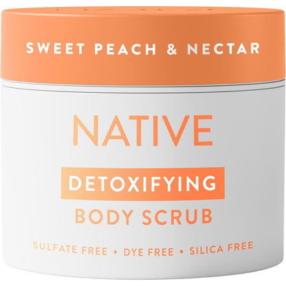 Native Sweet Peach And Nectar Exfoliating Body Scrub front view of the twelve ounce bottle with peach colored lid