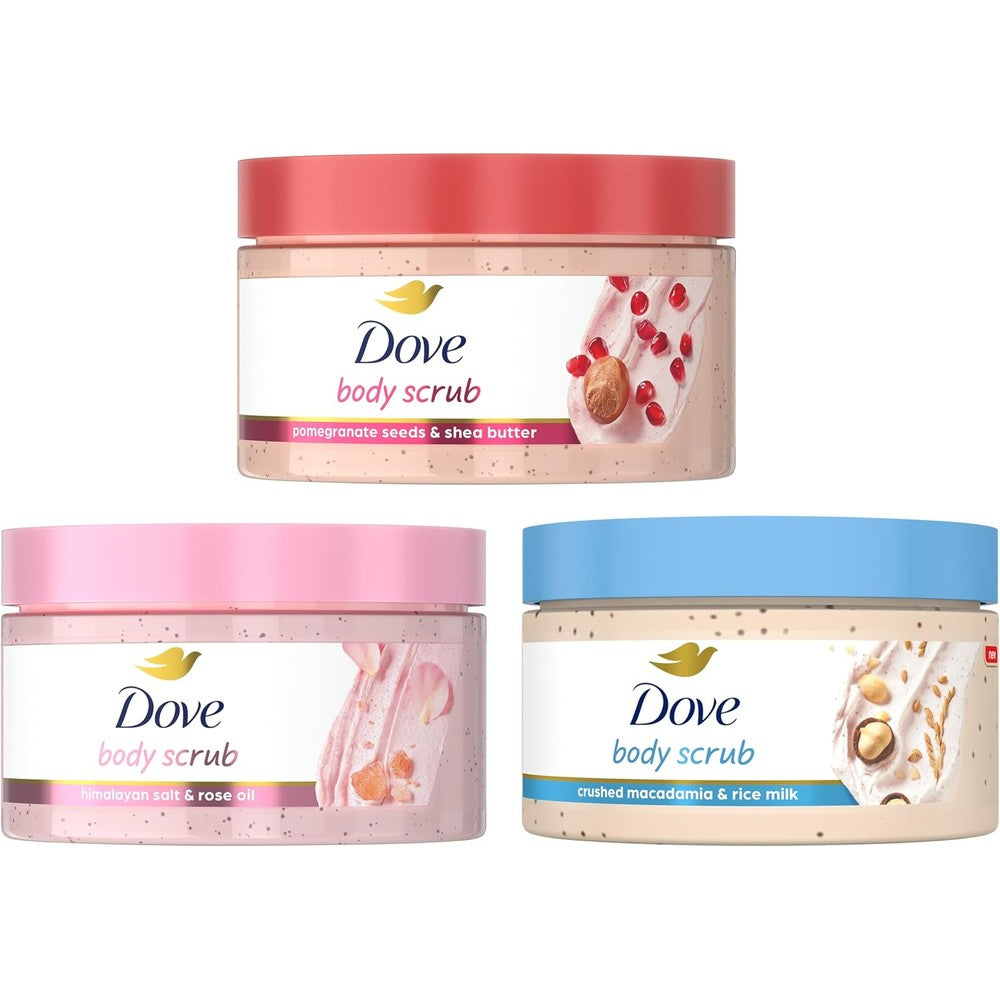 Dove Mixed Body Scrub Trial Pack front view showing three premium exfoliating jars.