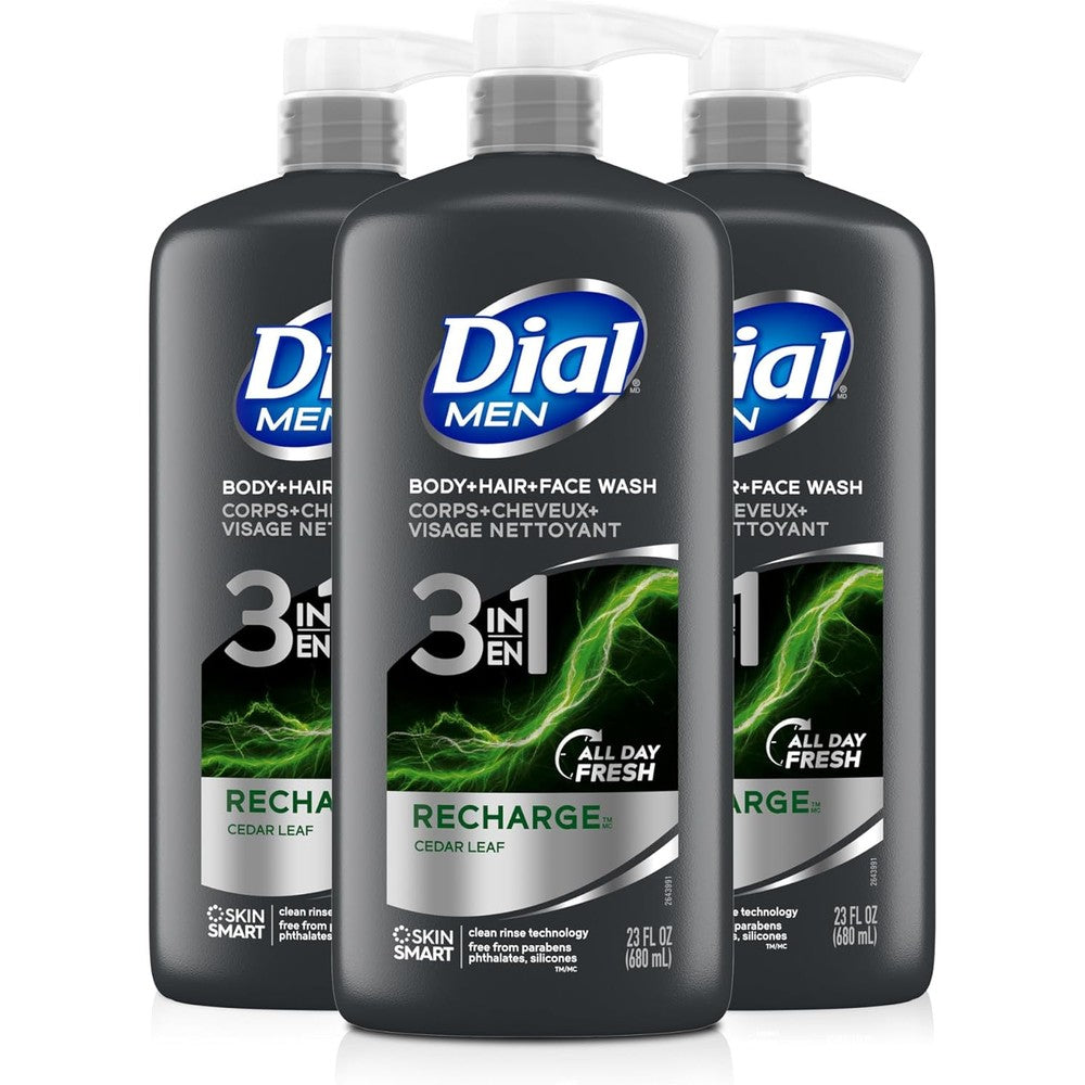 Dial Men Recharge 3 in 1 body wash front view 3 pack