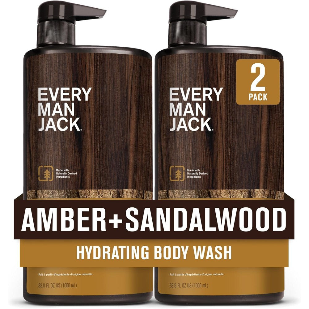 Every Man Jack Amber and Sandalwood mens body wash two pack front view