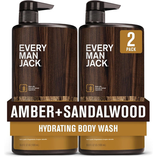 Every Man Jack Amber and Sandalwood mens body wash two pack front view