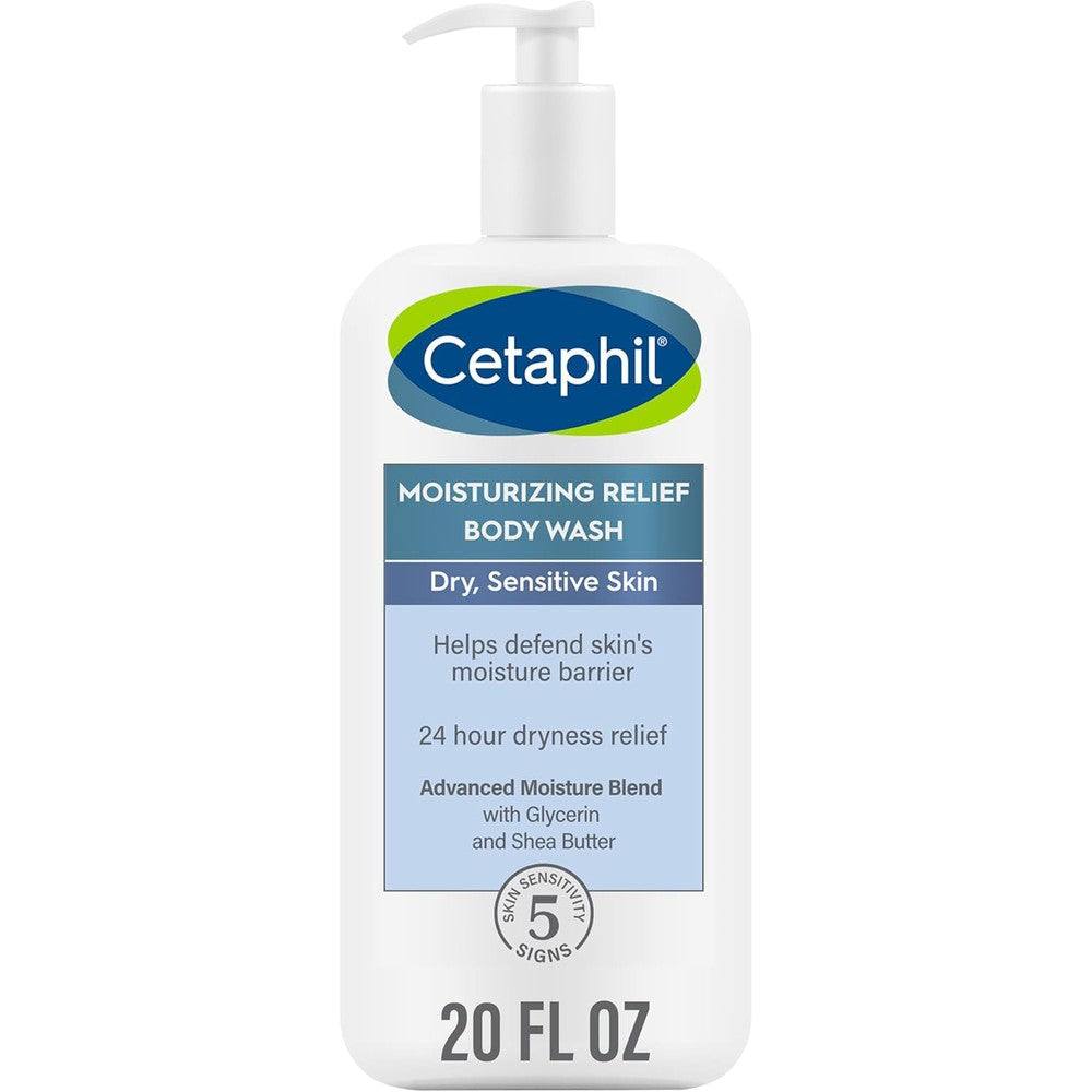 Cetaphil Moisturizing Relief Body Wash twenty ounce front view showing packaging details for sensitive skin