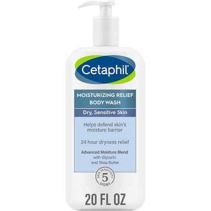 Cetaphil Moisturizing Relief Body Wash twenty ounce front view showing packaging details for sensitive skin