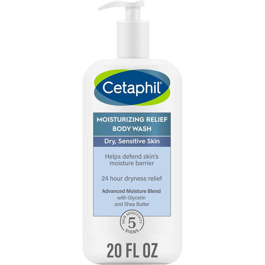 Cetaphil Moisturizing Relief Body Wash twenty ounce front view showing packaging details for sensitive skin