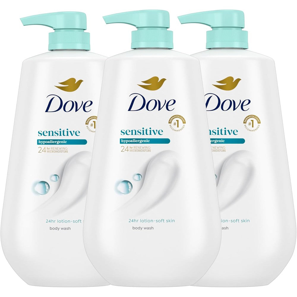 Dove Sensitive Skin Body Wash 3 pack bottles front view